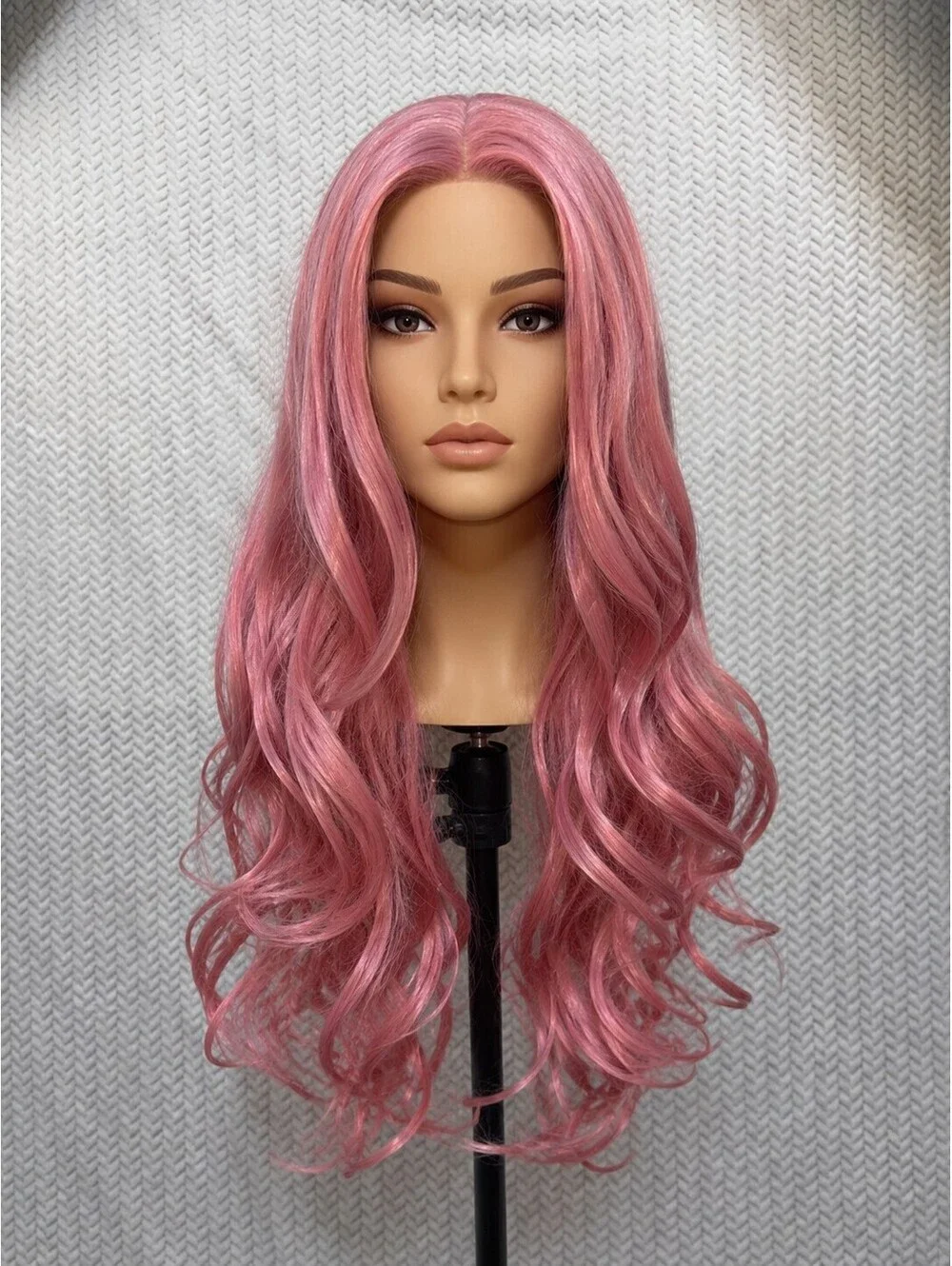 Long Wavy Pink Synthetic Wig with Middle Part